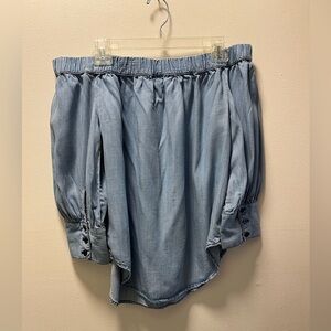 Who What Where Off-Shoulder Boho Denim Cottage Shirt, W, Size Small, Light Blue
